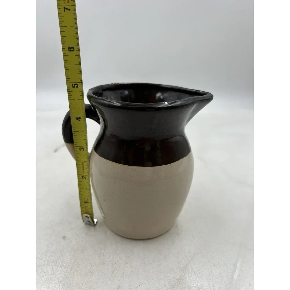 Vintage Stoneware Pitcher Brown Tan Glazed Two Tone Farmhouse Creamer 4.75in
